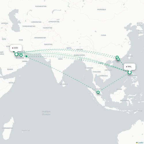 Manila - Doha kort over direkte fly