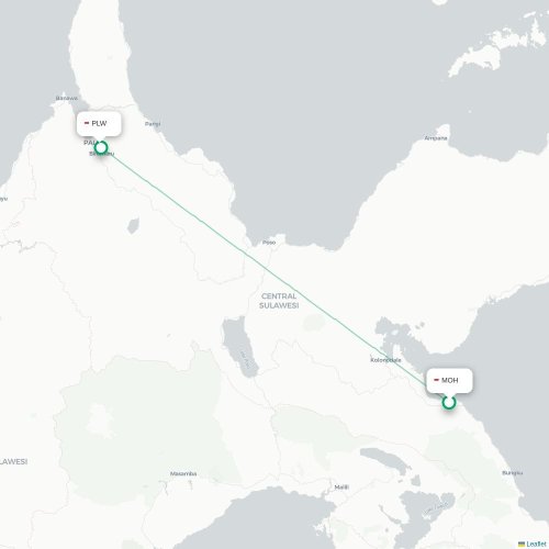 Mapa lotu bezpośredniego Morowali – Palu