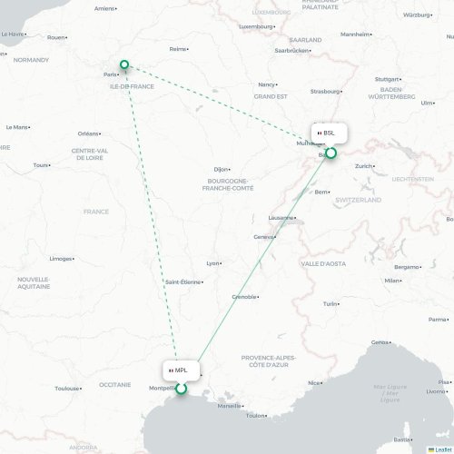 Mapa de vuelo directo Montpellier - Basilea, Suiza