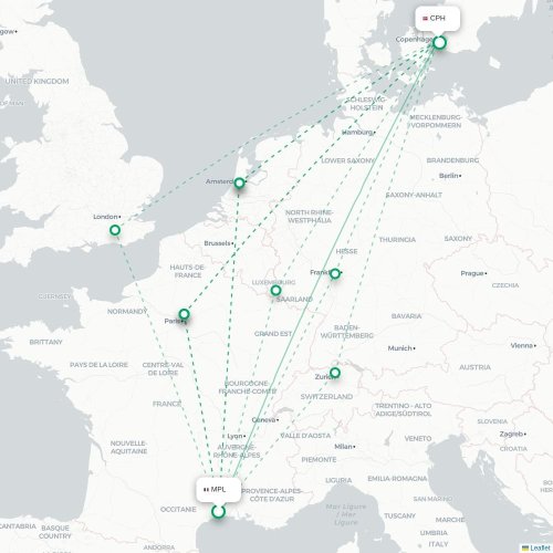 Montpellier - Kopenhagen kaart van rechtstreekse vlucht