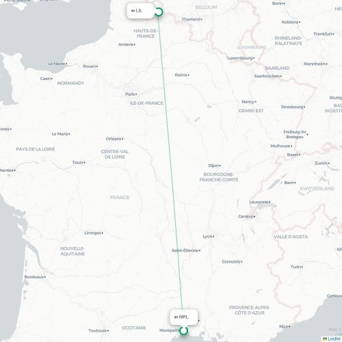 Mapa lotu bezpośredniego Montpellier – Lille