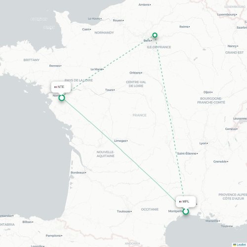 Mapa lotu bezpośredniego Montpellier – Nantes