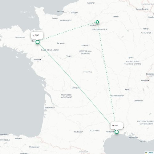Mapa lotu bezpośredniego Montpellier – Rennes