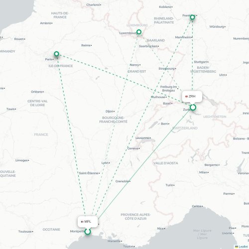 Mapa de vuelo directo Montpellier - Zúrich