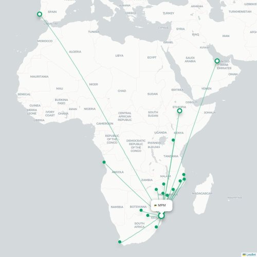 Maputo - Durban karta över direktflyg