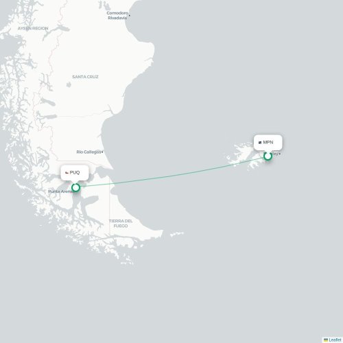 Mapa lotu bezpośredniego Mount Pleasant – Punta Arenas