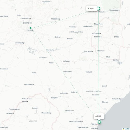 Nelspruit - Durban direct flight map