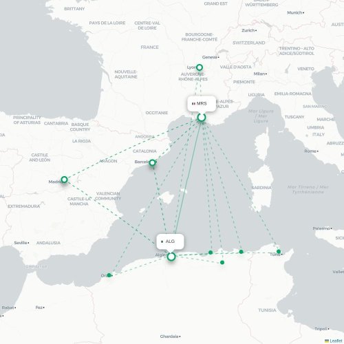Mapa de vuelo directo Marsella - Argel
