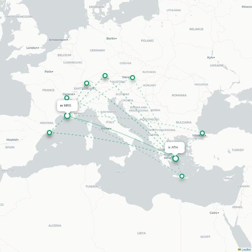 Mapa de vuelo directo Marsella - Atenas