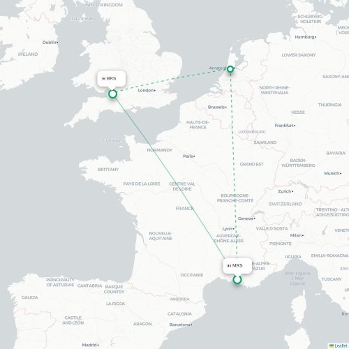 Mapa de vuelo directo Marsella - Brístol