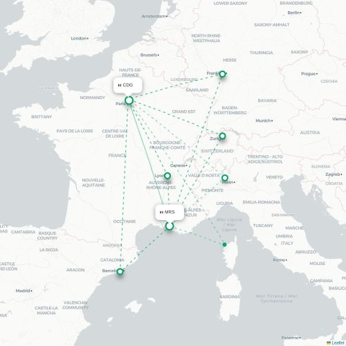 Mapa lotu bezpośredniego Marsylia – Paryż