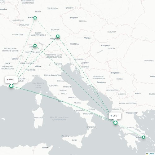 Mapa de vuelo directo Marsella - Corfú, Corfú