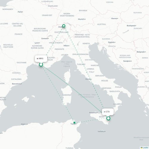 Mapa de vuelo directo Marsella - Catania