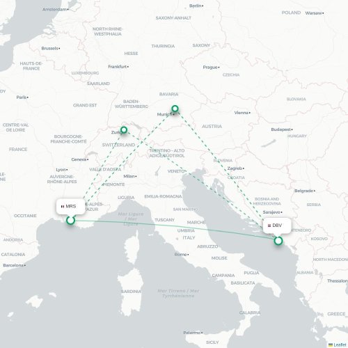 Mapa de vuelo directo Marsella - Dubrovnik