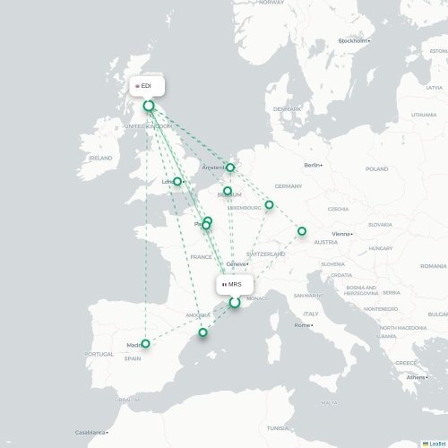 Mapa de vuelo directo Marsella - Edimburgo