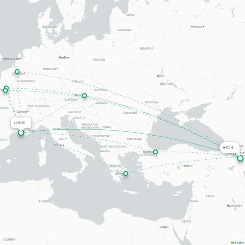 Mapa de vuelo directo Marsella - Ereván