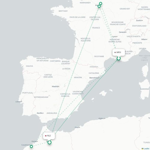 Marseille - Fez kaart van rechtstreekse vlucht