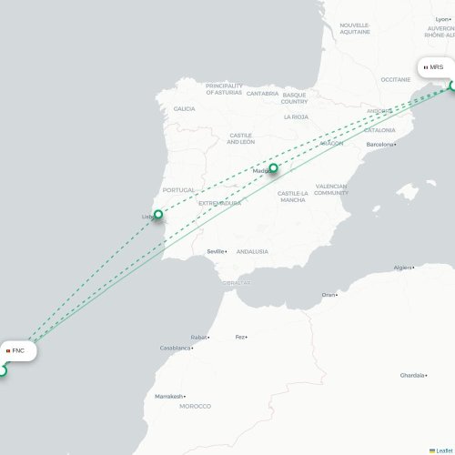 Mapa de vuelo directo Marsella - Funchal