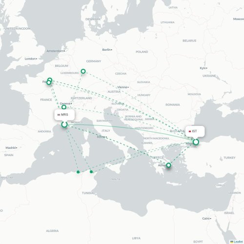 Mapa de vuelo directo Marsella - Estambul