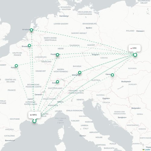 Marseille - Cracovie carte du vol direct
