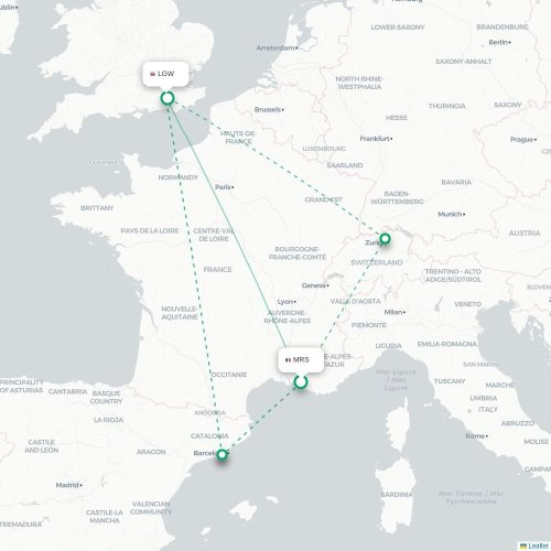 Mapa de vuelo directo Marsella - Londres