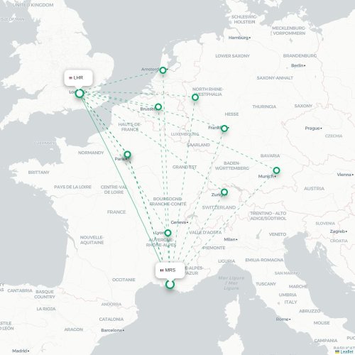 Mapa de vuelo directo Marsella - Londres