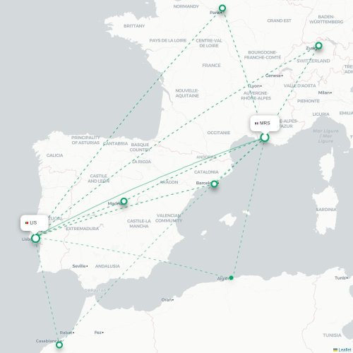 Mapa de vuelo directo Marsella - Lisboa