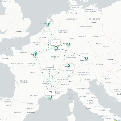 Mapa de vuelo directo Marsella - Luxemburgo