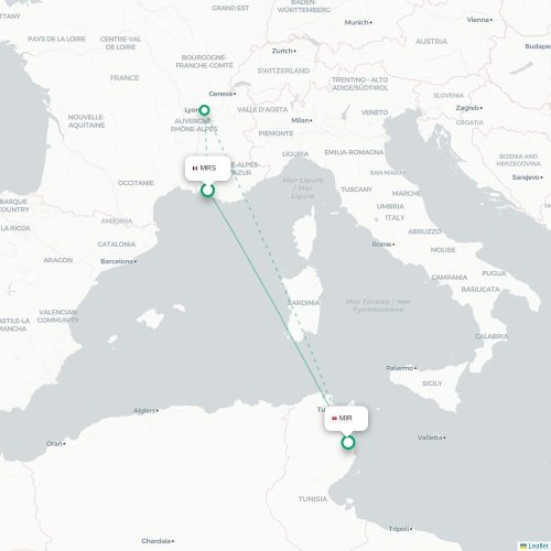 Mapa lotu bezpośredniego Marsylia – Monastyr