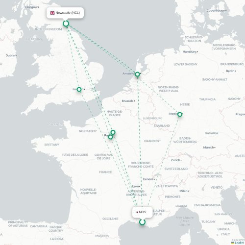 Mapa de vuelo directo Marsella - Newcastle-upon-Tyne