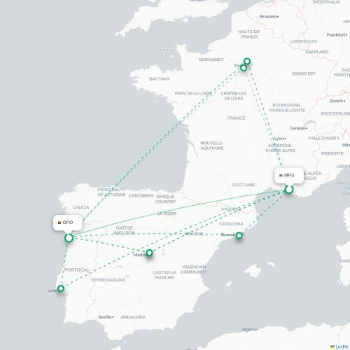 Mapa de vuelo directo Marsella - Oporto