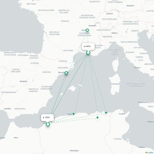 Mapa lotu bezpośredniego Marsylia – Oran