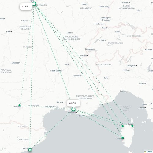 Mapa lotu bezpośredniego Marsylia – Paryż