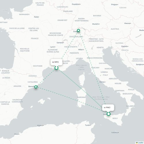 Mapa de vuelo directo Marsella - Palermo