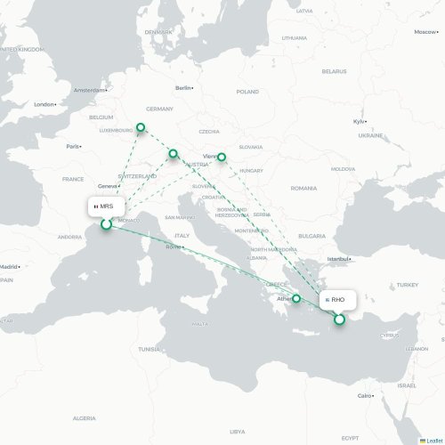 Mapa de vuelo directo Marsella - Rodas