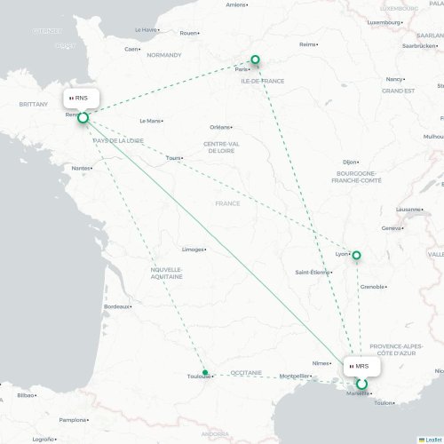 Mapa de vuelo directo Marsella - Rennes