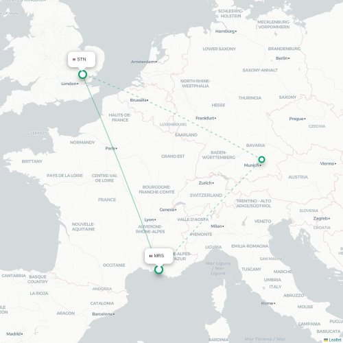 Mapa de vuelo directo Marsella - Londres