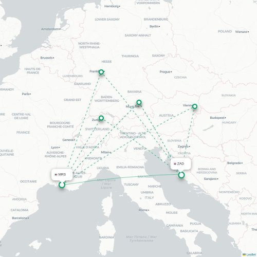 Mapa de vuelo directo Marsella - Zadar