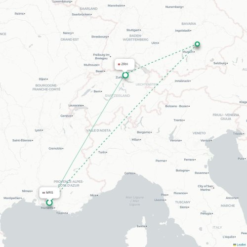 Mapa de vuelo directo Marsella - Zúrich
