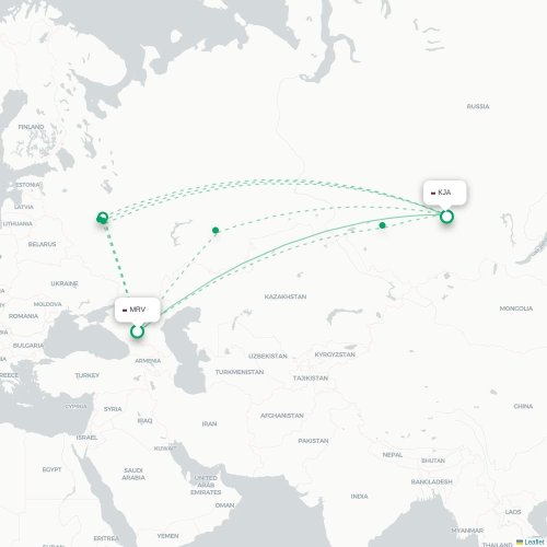 Mapa de vuelo directo Mineralnye Vody - Krasnoyarsk