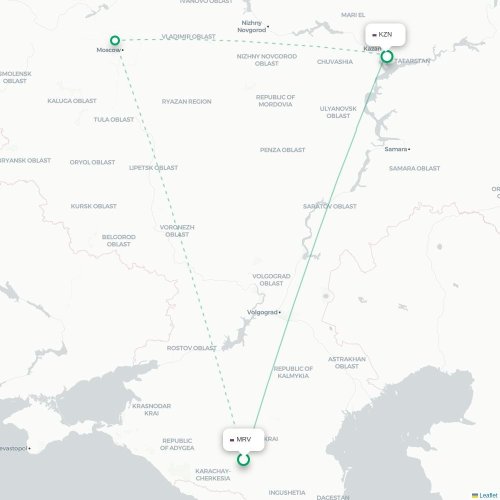 Mapa de vuelo directo Mineralnye Vody - Kazán