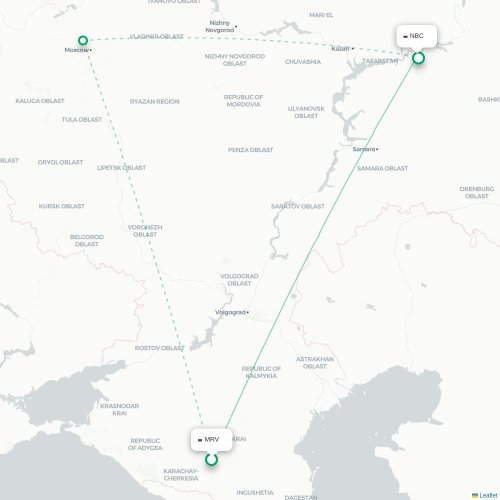 Mapa de vuelo directo Mineralnye Vody - Nizhnekamsk