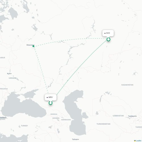 Mapa de vuelo directo Mineralnye Vody - Ekaterinburgo