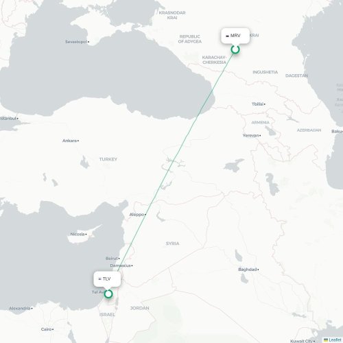 Mapa lotu bezpośredniego Mineralne Wody – Tel Awiw