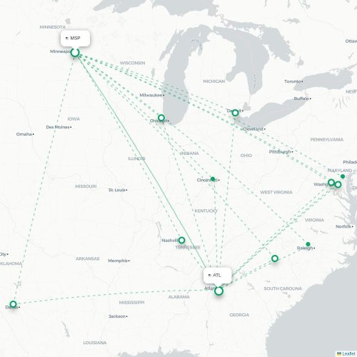 Mapa de vuelo directo Mineápolis - Atlanta