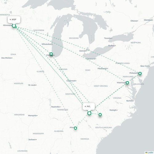 Mapa de vuelo directo Mineápolis - Asheville