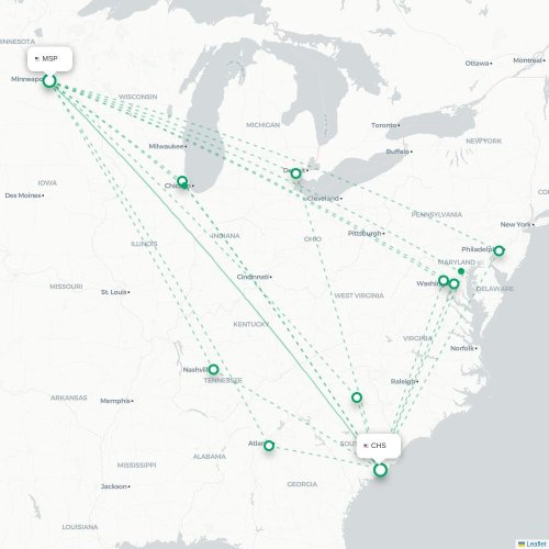 Mapa de vuelo directo Mineápolis - Charleston
