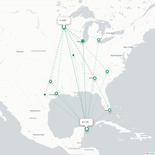 Mapa lotu bezpośredniego Minneapolis – Cancún