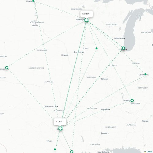Mapa de vuelo directo Mineápolis - Dallas
