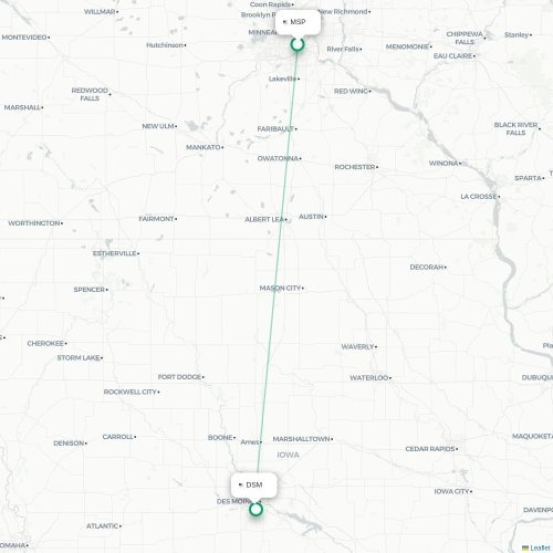 Minneapolis - Des Moines kort over direkte fly